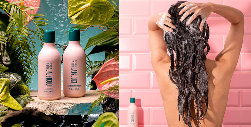 Image of Coco & Eve Super Hydrating Shampoo & Conditioner Set on the left and image of model in the shower on the right