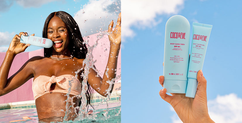 Left image is of a girl in a pool and right image is of Coco & Eve's SPF Essentials Set