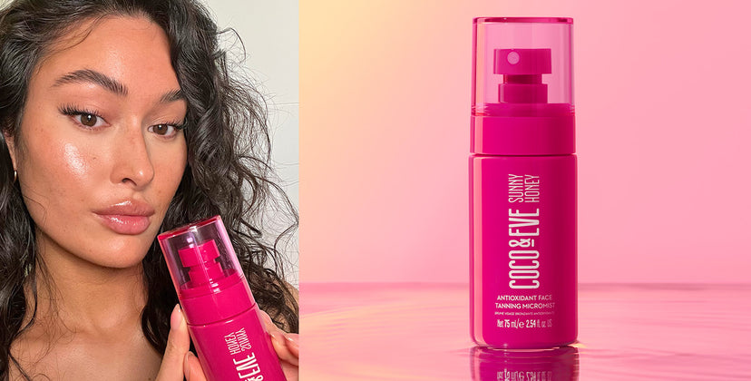 Right image is of a girl holding a tanning mist and left image is the tanning mist product