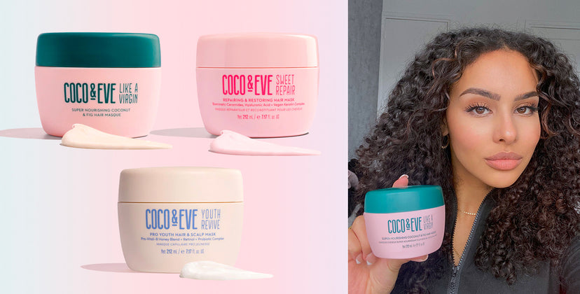 Coco and Eve Like a Virgin Hair Mask, Sweet Repair Hair Mask and Pro Youth Hair & Scalp Mask on the left and a women holding Coco and Eve Like a Virgin hair Mask on the Right