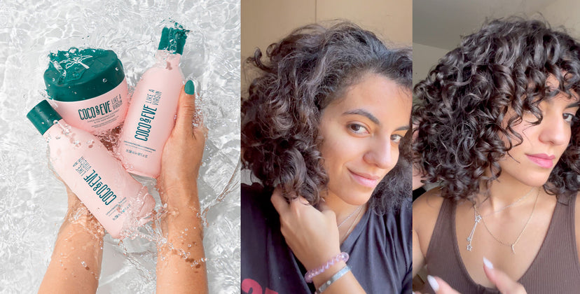 split photo of hair products and a before and after detangling matted hair using coco & eve products.
