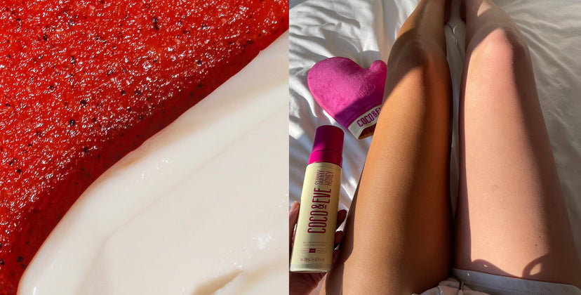 Left is a texture shot of a body scrub and moisturise and right is a before-after image of legs from applying a bronzing foam
