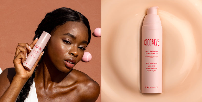 Image of a women holding Coco and Eve's Daily Radiance Primer SPF 50 on the left and an image of Coco and Eve's Daily Radiance Primer SPF 50 on the right
