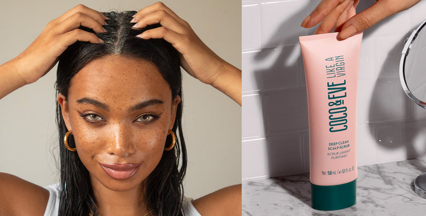 Image of girl on the left and scalp scrub on the right