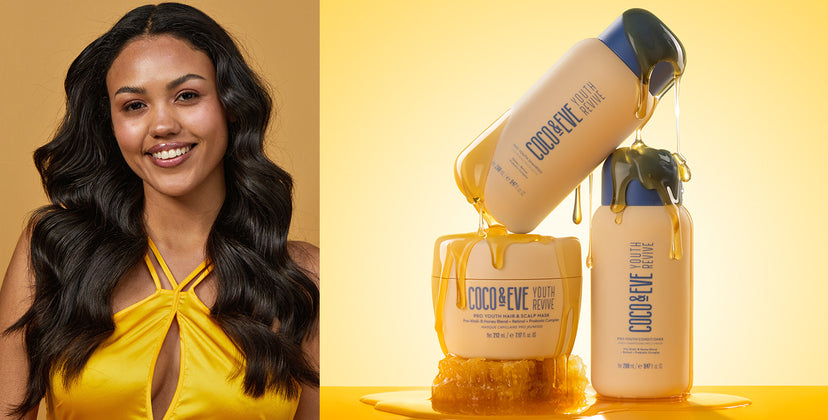 Image of Coco and Eve's Youth Revive Haircare Range on the right and image of a model on the left